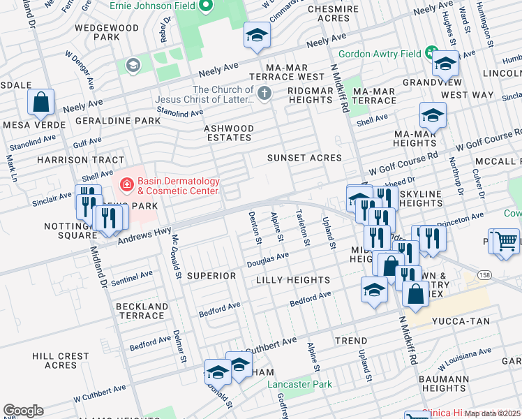 map of restaurants, bars, coffee shops, grocery stores, and more near 3501 Andrews Highway in Midland