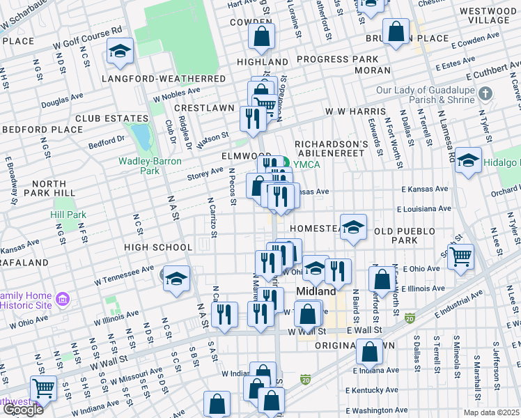 map of restaurants, bars, coffee shops, grocery stores, and more near 700 North Marienfeld Street in Midland