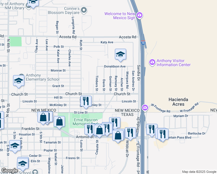 map of restaurants, bars, coffee shops, grocery stores, and more near 401-499 Davis Street in Anthony