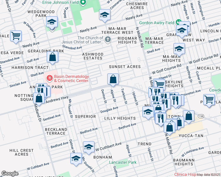 map of restaurants, bars, coffee shops, grocery stores, and more near 3501 Andrews Highway in Midland