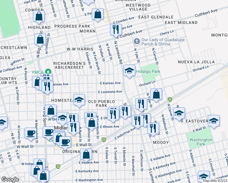 map of restaurants, bars, coffee shops, grocery stores, and more near 601 East Louisiana Avenue in Midland