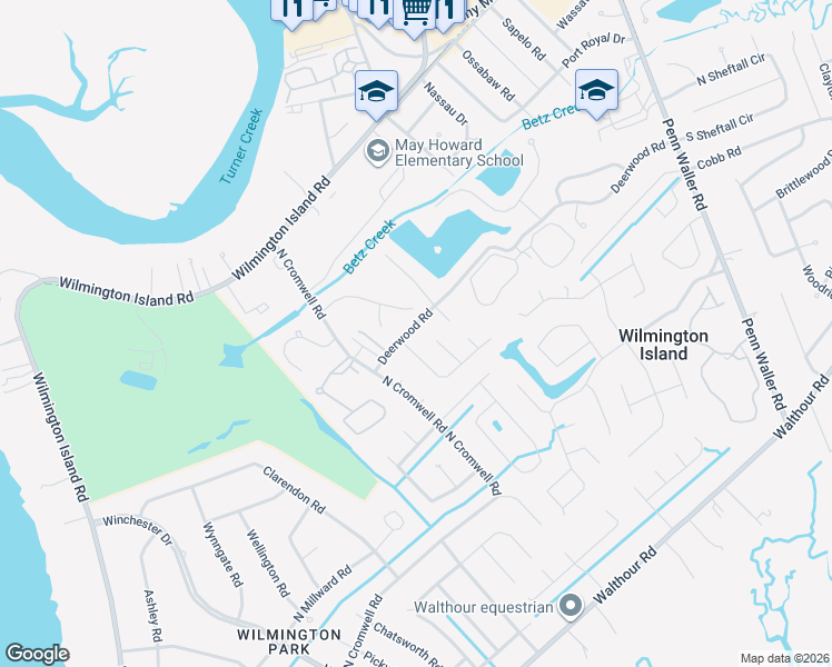 map of restaurants, bars, coffee shops, grocery stores, and more near 205 Deerwood Road in Savannah