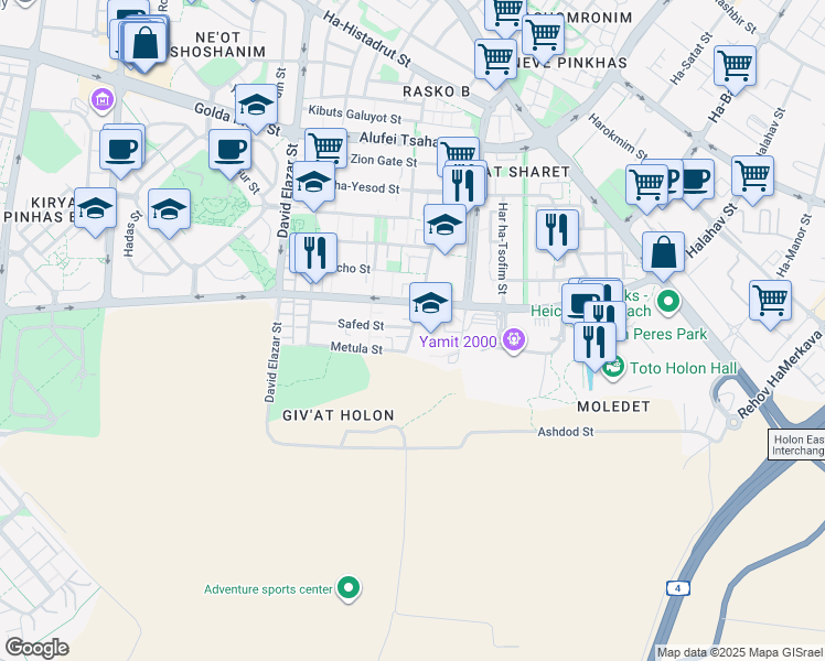 map of restaurants, bars, coffee shops, grocery stores, and more near 35 Giv'at HaTahmoshet Street in Holon