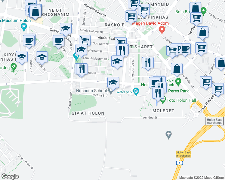map of restaurants, bars, coffee shops, grocery stores, and more near 35 Giv'at HaTahmoshet Street in Holon