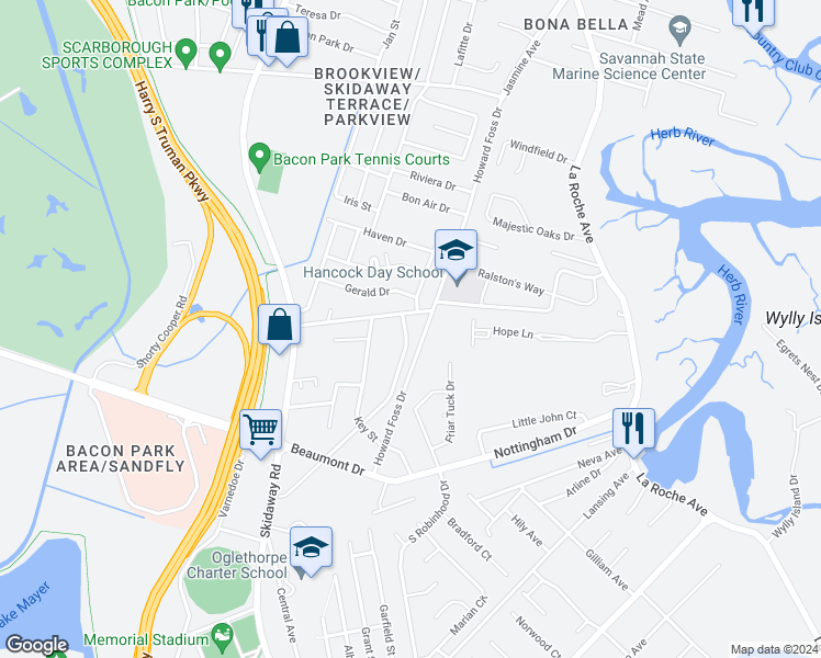 map of restaurants, bars, coffee shops, grocery stores, and more near 2309 Countryside Drive in Savannah