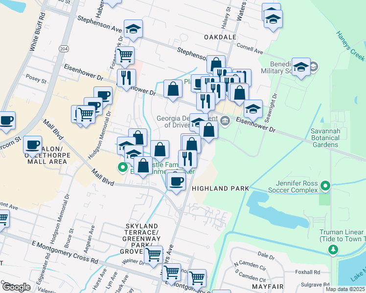 map of restaurants, bars, coffee shops, grocery stores, and more near 73 Colony Park Drive in Savannah