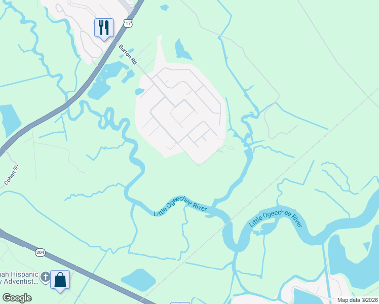 map of restaurants, bars, coffee shops, grocery stores, and more near 174 Burton Road in Savannah