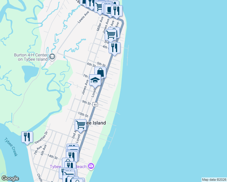 map of restaurants, bars, coffee shops, grocery stores, and more near 2 7th Terrace in Tybee Island
