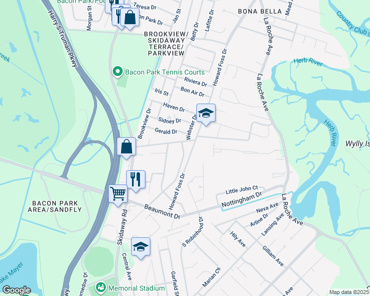 map of restaurants, bars, coffee shops, grocery stores, and more near 2309 Countryside Drive in Savannah