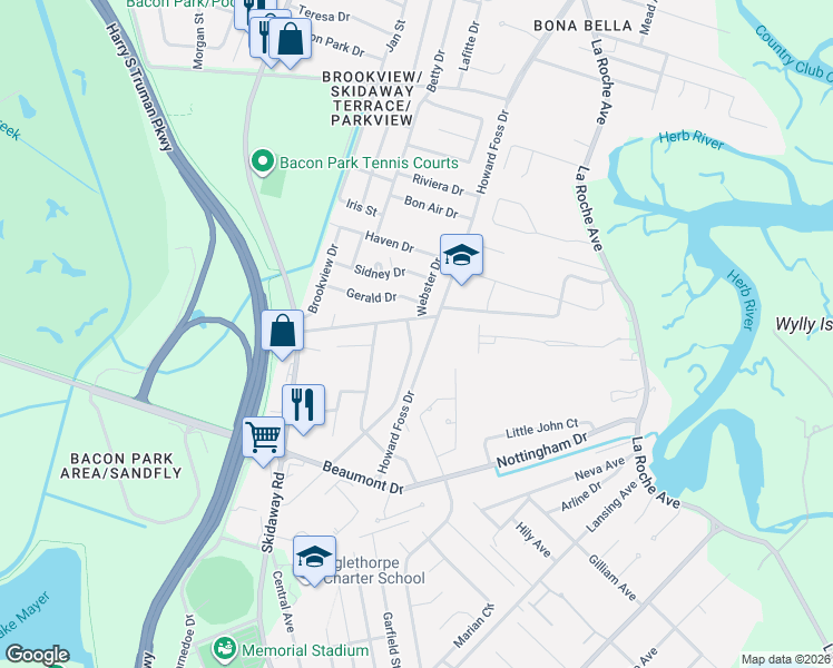 map of restaurants, bars, coffee shops, grocery stores, and more near 2309 Countryside Drive in Savannah