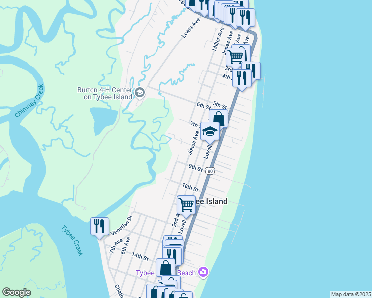 map of restaurants, bars, coffee shops, grocery stores, and more near 803 Jones Avenue in Tybee Island