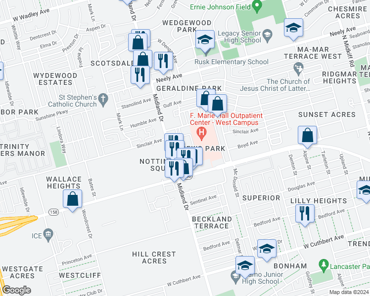 map of restaurants, bars, coffee shops, grocery stores, and more near 1902 Midland Drive in Midland