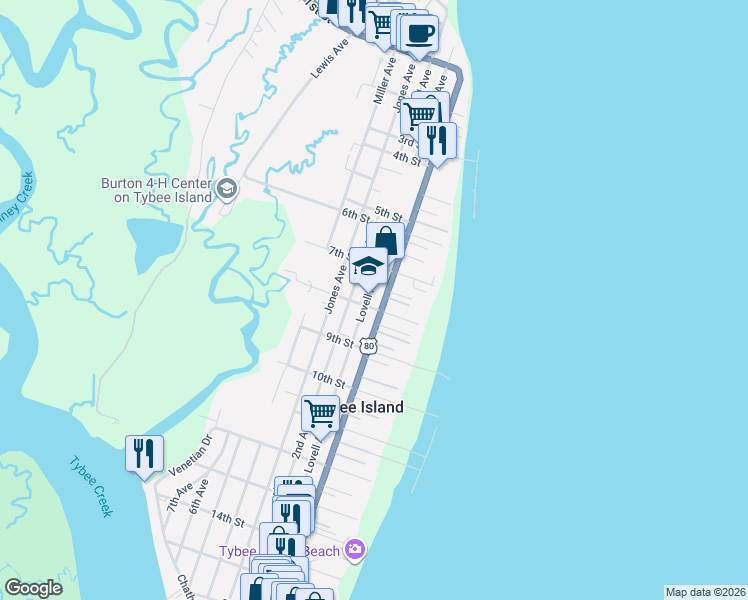 map of restaurants, bars, coffee shops, grocery stores, and more near 202 8th Street in Tybee Island