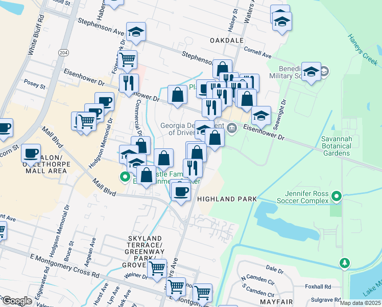 map of restaurants, bars, coffee shops, grocery stores, and more near 73 Colony Park Drive in Savannah