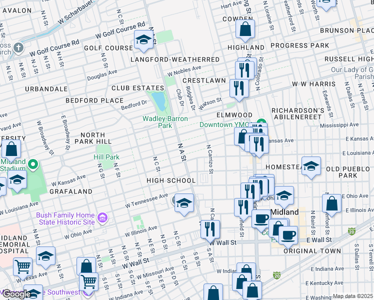 map of restaurants, bars, coffee shops, grocery stores, and more near 721 West Kansas Avenue in Midland