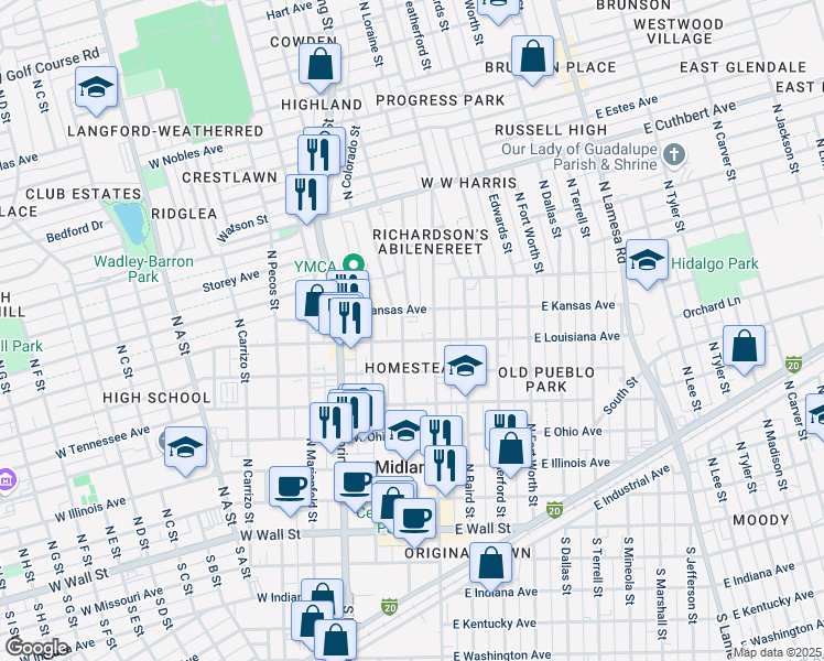 map of restaurants, bars, coffee shops, grocery stores, and more near 110 West Louisiana Avenue in Midland