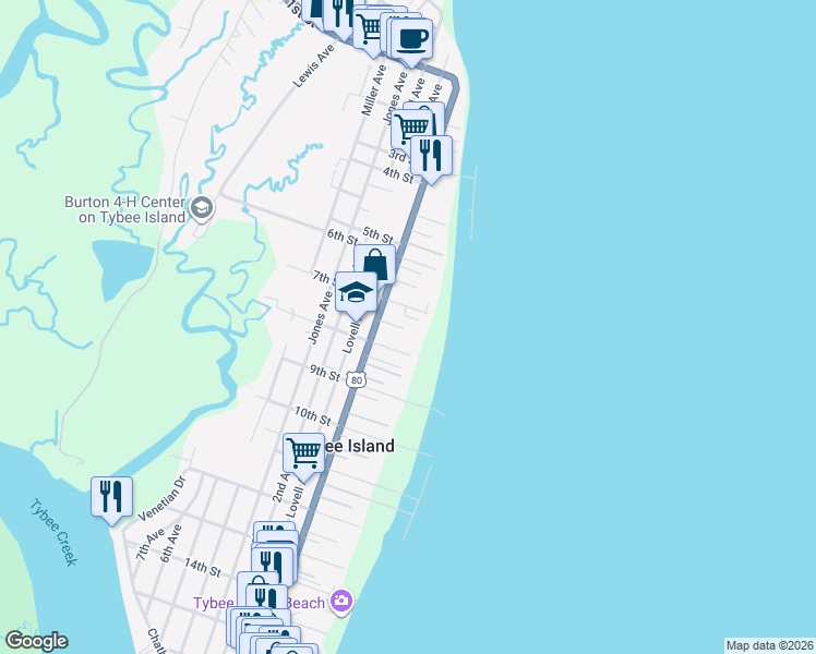 map of restaurants, bars, coffee shops, grocery stores, and more near 2 7th Terrace in Tybee Island