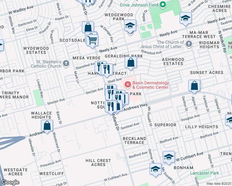 map of restaurants, bars, coffee shops, grocery stores, and more near 1902 Midland Drive in Midland