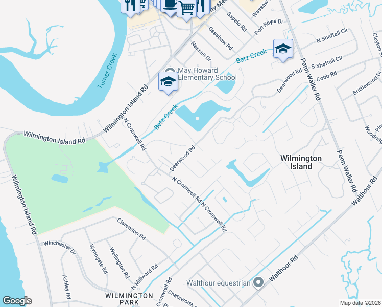 map of restaurants, bars, coffee shops, grocery stores, and more near 205 Deerwood Road in Wilmington Island