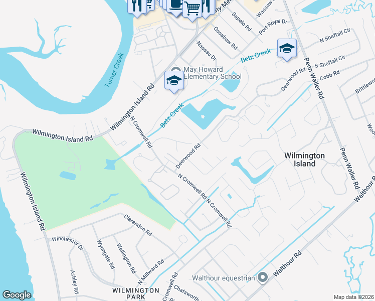 map of restaurants, bars, coffee shops, grocery stores, and more near 205 Deerwood Road in Wilmington Island