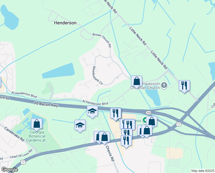 map of restaurants, bars, coffee shops, grocery stores, and more near 123 Meadowlark Circle in Savannah