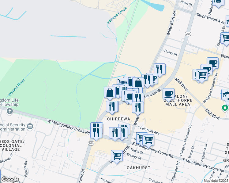 map of restaurants, bars, coffee shops, grocery stores, and more near 7939 Abercorn Street in Savannah
