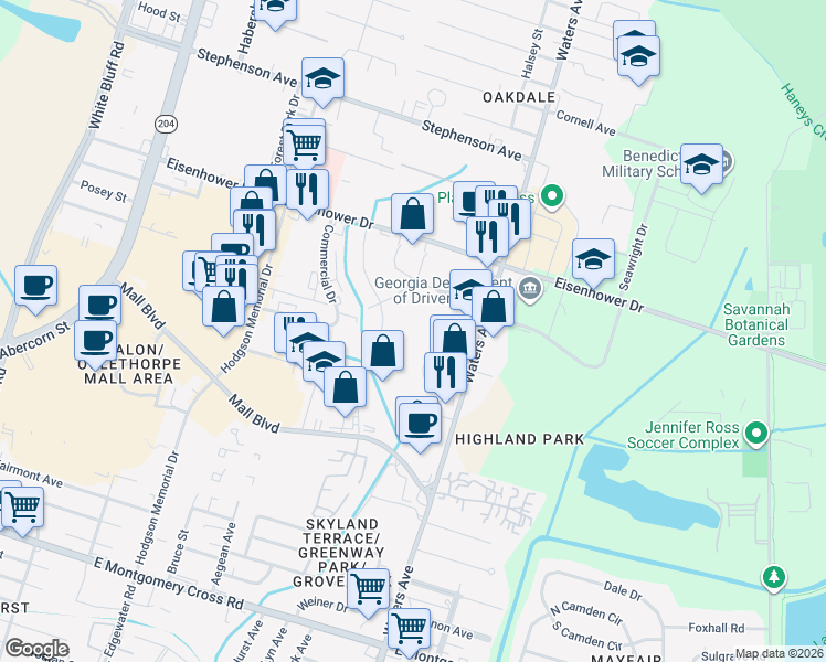 map of restaurants, bars, coffee shops, grocery stores, and more near 7308 Van Buren Avenue in Savannah