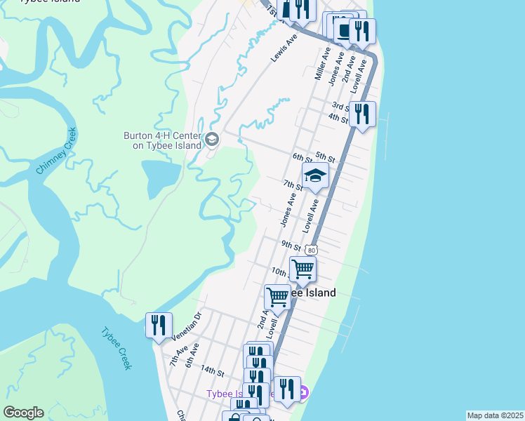 map of restaurants, bars, coffee shops, grocery stores, and more near 803 Jones Avenue in Tybee Island