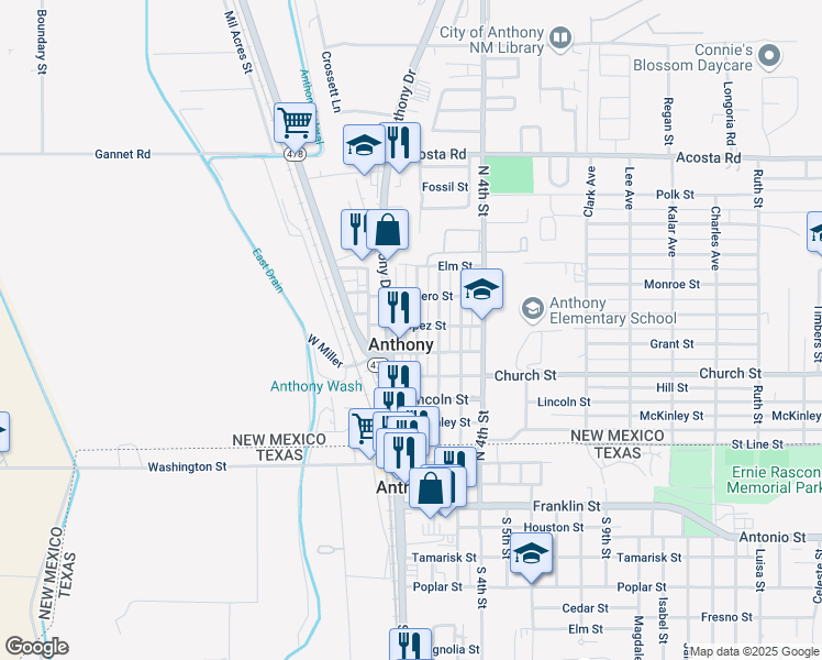 map of restaurants, bars, coffee shops, grocery stores, and more near 500-598 North 1st Street in Anthony