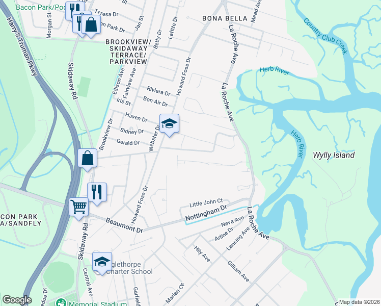 map of restaurants, bars, coffee shops, grocery stores, and more near 135 Caroline's Retreat in Savannah