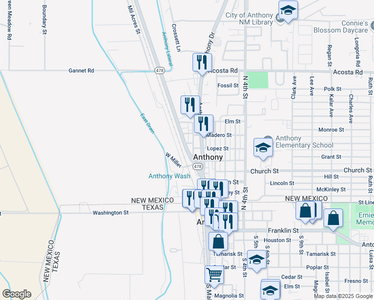 map of restaurants, bars, coffee shops, grocery stores, and more near 561 New Mexico 478 in Anthony