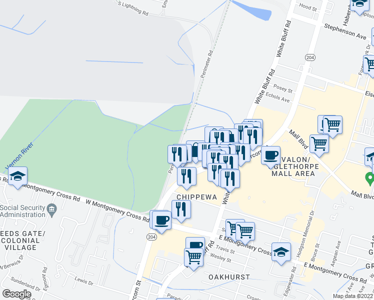 map of restaurants, bars, coffee shops, grocery stores, and more near 7939 Abercorn Street in Savannah