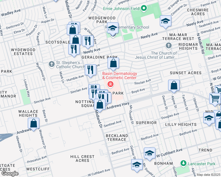 map of restaurants, bars, coffee shops, grocery stores, and more near 4214 Andrews Highway in Midland