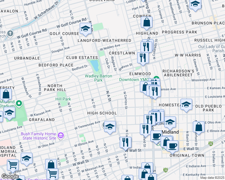 map of restaurants, bars, coffee shops, grocery stores, and more near 721 West Kansas Avenue in Midland