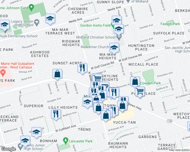 map of restaurants, bars, coffee shops, grocery stores, and more near 3213 Lockheed Drive in Midland
