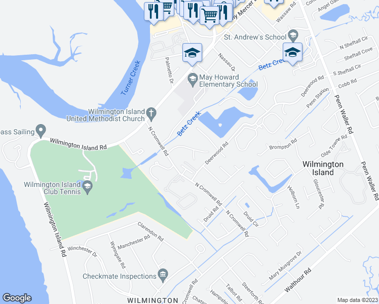 map of restaurants, bars, coffee shops, grocery stores, and more near 401 North Cromwell Road in Savannah