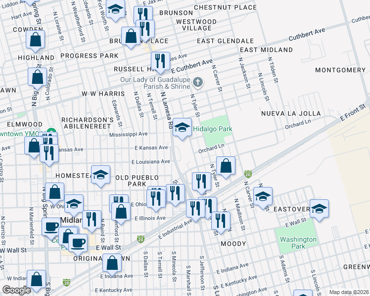 map of restaurants, bars, coffee shops, grocery stores, and more near 705 North Lee Street in Midland