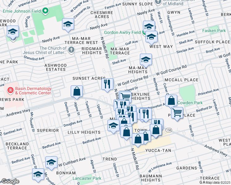 map of restaurants, bars, coffee shops, grocery stores, and more near 3223 West Golf Course Road in Midland
