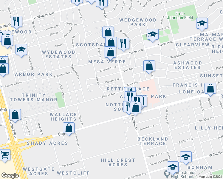 map of restaurants, bars, coffee shops, grocery stores, and more near 4409 Humble Avenue in Midland