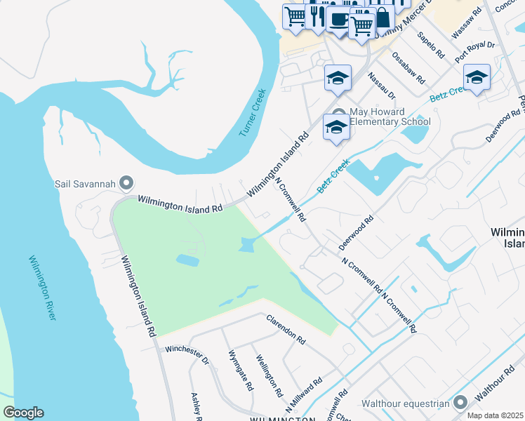 map of restaurants, bars, coffee shops, grocery stores, and more near 7 North Cromwell Road in Wilmington Island