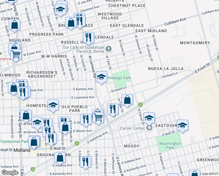 map of restaurants, bars, coffee shops, grocery stores, and more near 704 North Lee Street in Midland