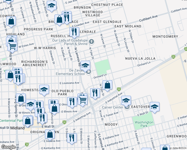 map of restaurants, bars, coffee shops, grocery stores, and more near 704 North Lee Street in Midland