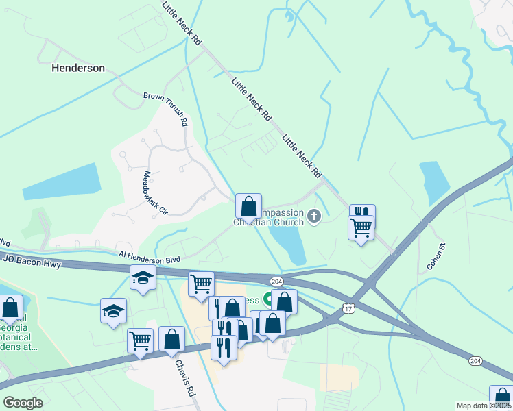 map of restaurants, bars, coffee shops, grocery stores, and more near 76 Al Henderson Boulevard in Savannah