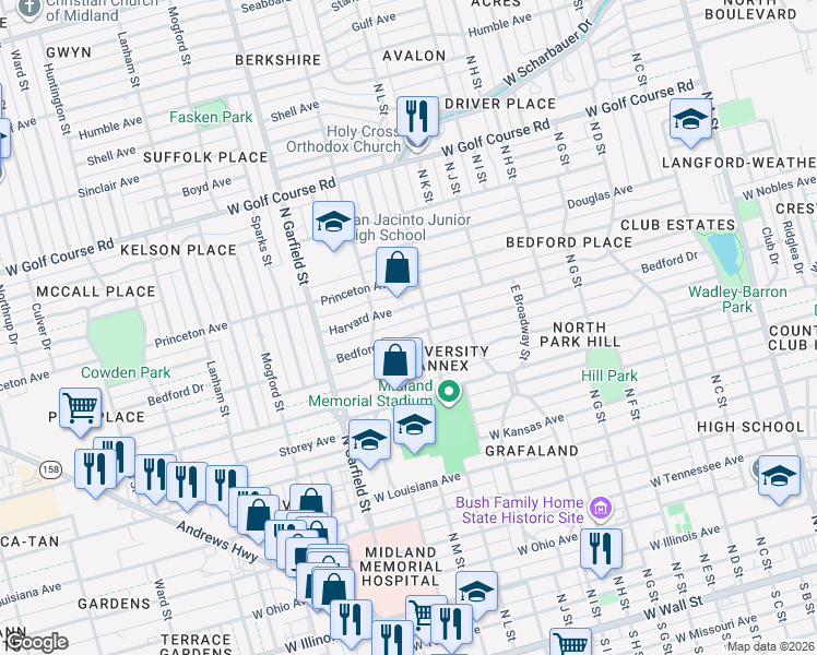 map of restaurants, bars, coffee shops, grocery stores, and more near 2007 Harvard Avenue in Midland