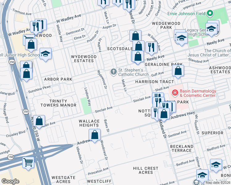 map of restaurants, bars, coffee shops, grocery stores, and more near 4607 Humble Avenue in Midland