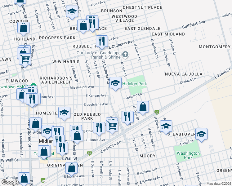 map of restaurants, bars, coffee shops, grocery stores, and more near 705 North Lee Street in Midland