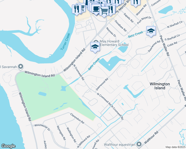 map of restaurants, bars, coffee shops, grocery stores, and more near 401 North Cromwell Road in Savannah