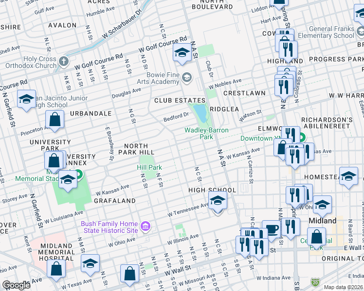 map of restaurants, bars, coffee shops, grocery stores, and more near 1000-1098 North D Street in Midland
