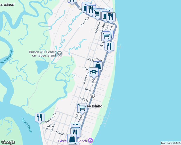 map of restaurants, bars, coffee shops, grocery stores, and more near 703 2nd Avenue in Tybee Island