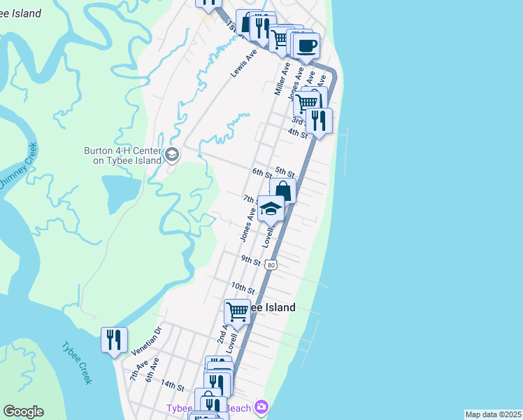 map of restaurants, bars, coffee shops, grocery stores, and more near 703 2nd Avenue in Tybee Island